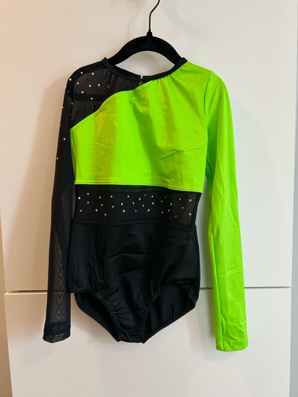 Weissman Neon Green and Black Long Sleeve Leotard with Rhinestones - Picture 2 of 6